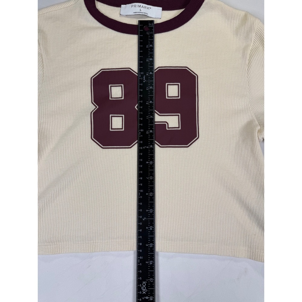 Primark Womens Waffle Knit Ringer T-Shirt Cream Burgundy 89 Graphic Crop Top L - Picture 3 of 4